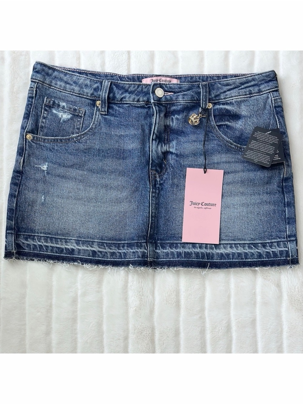 Juicy Couture Denim Mini Skirt Sz 9 29 Low Rise Raw Hem Pink Logo Charm Y2K NWT